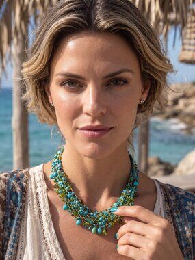 Multistrand Crochet Bead Necklace Turquoise Blue Lime Green Boho Statement 16.5"